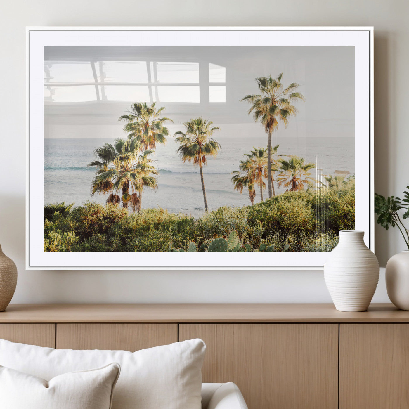 94707294-MGC-FP-36x24_White-California Coast Wall Art Canvas Print, Framed Palm Trees Art Picture Print, Coastal Landscape Perfect Coastal Minimalist Decor