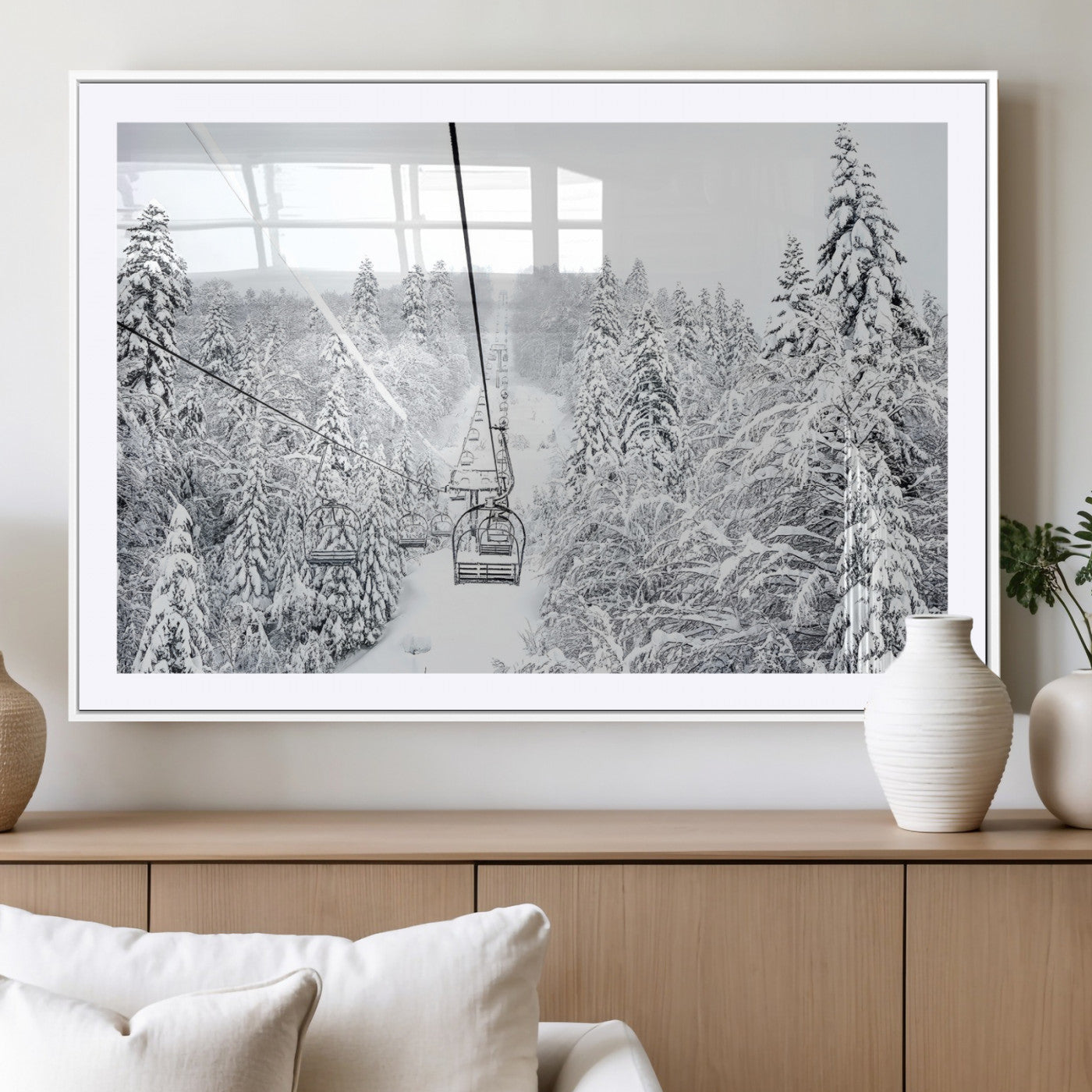 44705668-MGV-CV-36X24-Winter Forest Wall Art Canvas Print, Framed Snowy Forest Art Picture Print, Ski Lift Perfect Scandinavian Decor Artwork