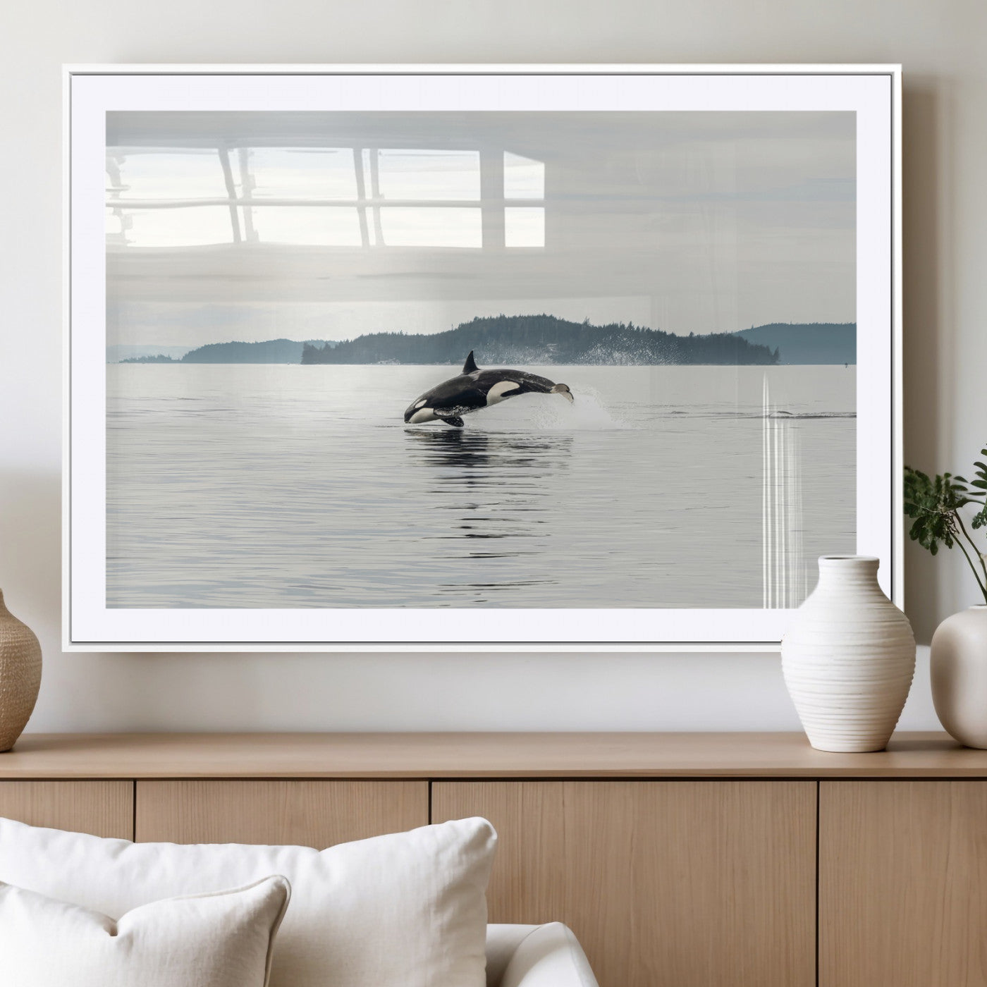 10157174-MGV-CV-36X24-Orca Whale Wall Art Canvas Print, Framed Black White Whale Art Picture Print, Minimalist Ocean Perfect Coastal Minimalist Decor