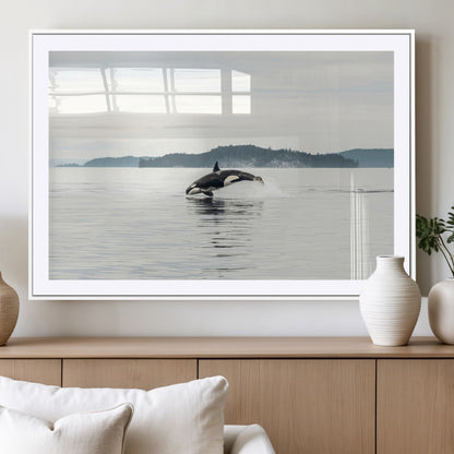 10157174-MGV-CV-36X24-Orca Whale Wall Art Canvas Print, Framed Black White Whale Art Picture Print, Minimalist Ocean Perfect Coastal Minimalist Decor