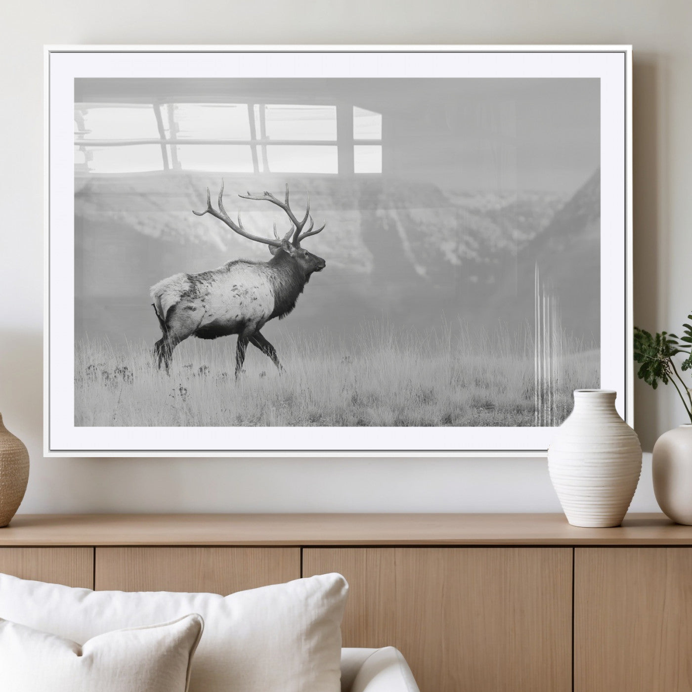62278753-MGC-FP-36x24_White-Monochrome Elk Wall Art Canvas Print, Framed Mountain Wildlife Art Picture Print, Rustic Nature Perfect Rustic Minimalist Decor
