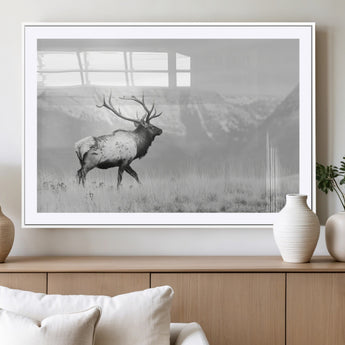 62278753-MGC-FP-36x24_White-Monochrome Elk Wall Art Canvas Print, Framed Mountain Wildlife Art Picture Print, Rustic Nature Perfect Rustic Minimalist Decor