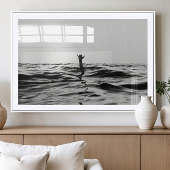 69541918-MGC-FP-36x24_White-Black White Ocean Wall Art Canvas Print, Framed Moody Seascape Art Picture Print, Surfer Sign Perfect Moody Minimalist Decor