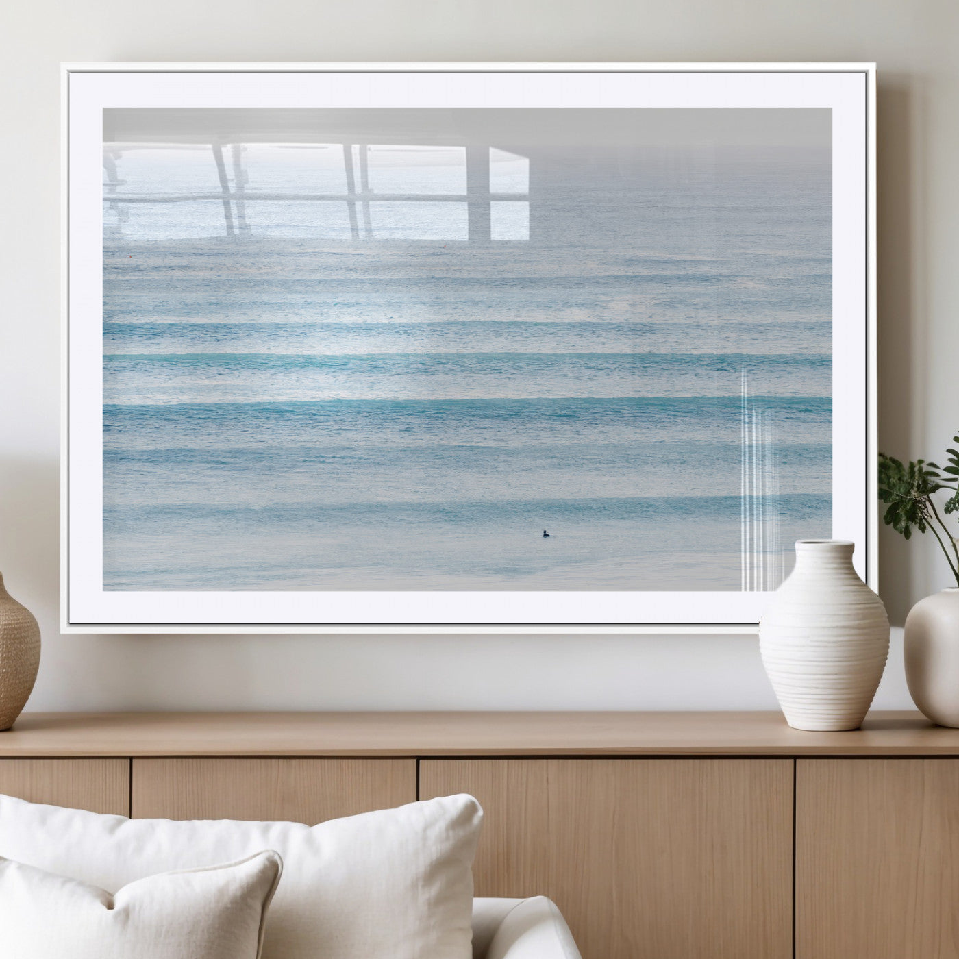 77145995-MGV-CV-36X24-Ocean Simplicity Wall Art Canvas Print, Framed Surfer on Water Art Picture Print, Light Blue Perfect Coastal Minimalist Decor