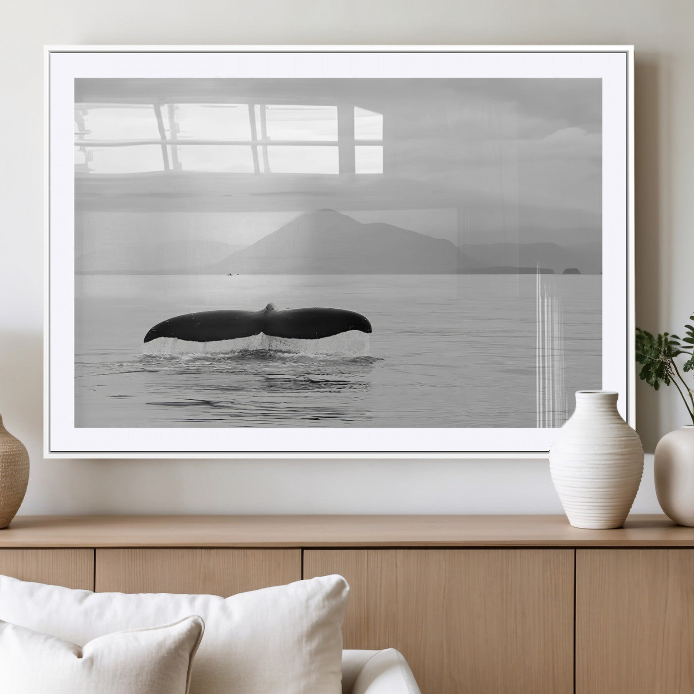 30524220-MGV-CV-36X24-Whale Tail Wall Art Canvas Print, Framed Black White Ocean Art Picture Print, Calm Marine Perfect Minimalist Coastal Decor Artwork