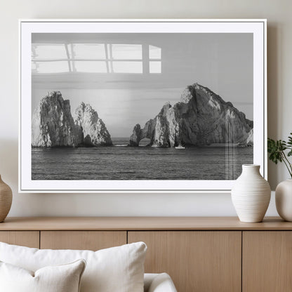 18810731-MGV-CV-36X24-Rugged Coastline Wall Art Canvas Print, Framed Ocean Cliffs Art Picture Print, Monochrome Seascape Perfect Coastal Minimalist