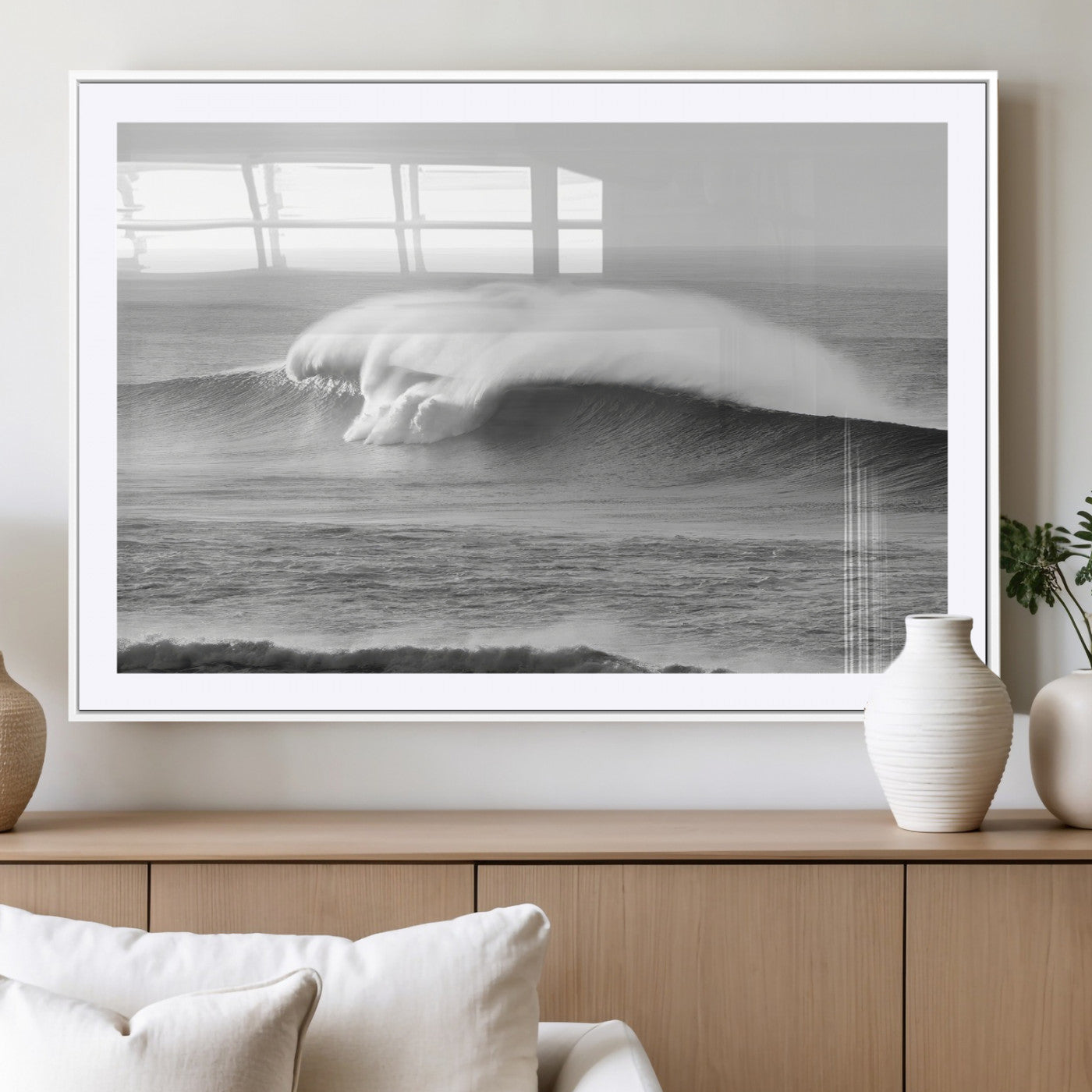 42544082-MGC-FP-36x24_White-Monochrome Seascape Wall Art Canvas Print, Framed Surf Wave Art Picture Print, Minimalist Ocean Perfect Moody Coastal Decor