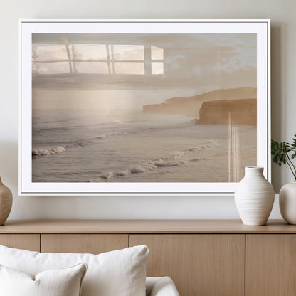 57669769-MGV-CV-36X24-Misty Coastal Wall Art Canvas Print, Framed Golden Sunset Art Picture Print, Serene Shoreline Perfect Tranquil Coastal Decor