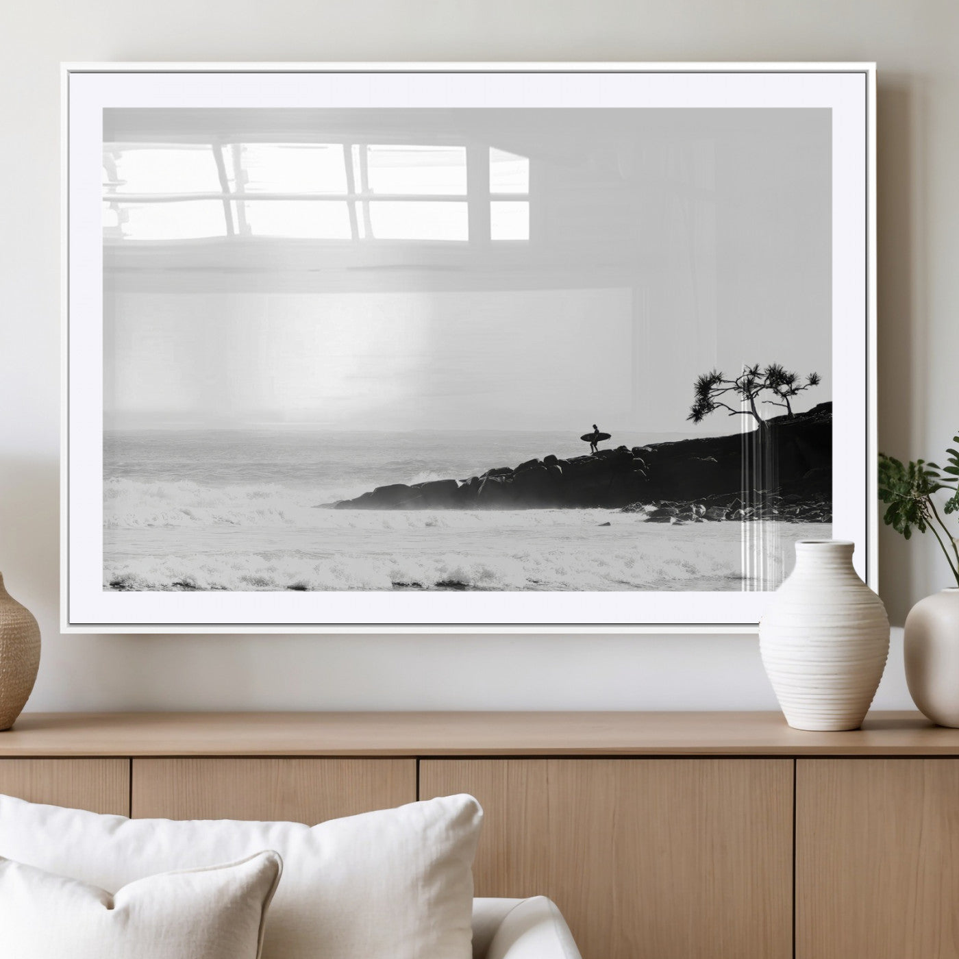 40875891-MGV-CV-36X24-SurferCliffs Wall Art Canvas Print, Framed Black White Beach Art Picture Print, Ocean Waves Perfect Minimalist Coastal Decor