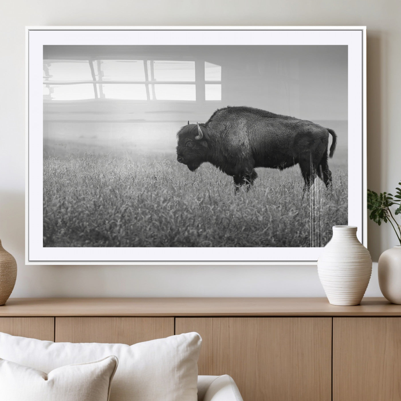 28435251-MGC-FP-36x24_White-Bison In Prairie Wall Art Canvas Print, Framed Rustic Wildlife Art Picture Print, Wild Buffalo Perfect Rustic Western Decor