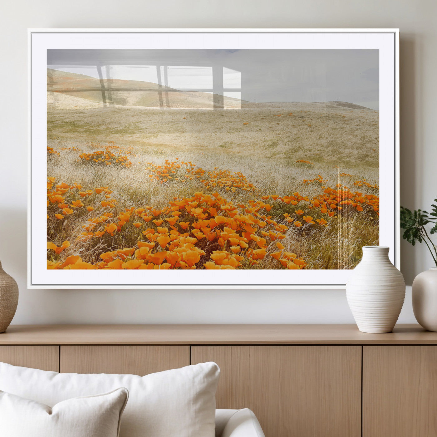 28972262-MGC-FP-36x24_White-Golden Wildflowers Wall Art Canvas Print, Framed Hills Bloom Art Picture Print, Poppy Meadow Perfect Rustic Nature Decor Artwork