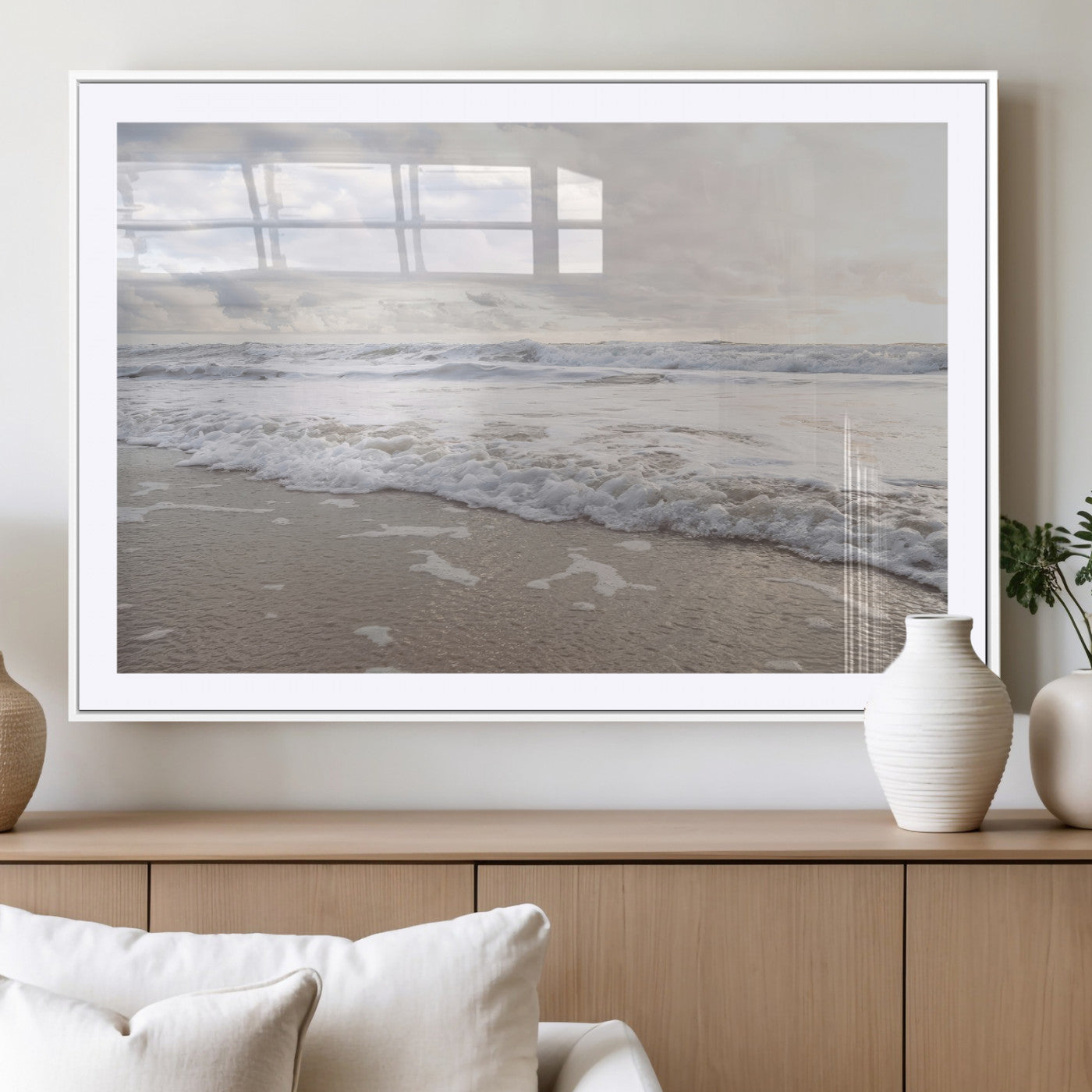 70596264-MGC-FP-36x24_White-Ocean Waves Wall Art Canvas Print, Framed Coastal Shoreline Art Picture Print, Sea Foam Perfect Coastal Minimalist Decor Artwork