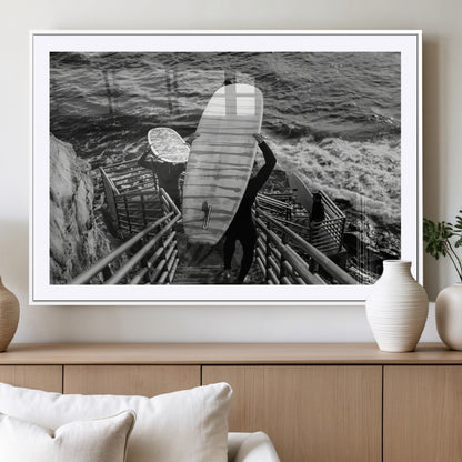 32353707-MGC-FP-36x24_White-Black White Surfing Wall Art Canvas Print, Framed Coastal Surfing Art Picture Print, Wave Riders Perfect Coastal Adventure Decor