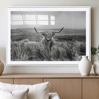 24051061-MGV-CV-36X24-Monochrome Highland Cow Wall Art Canvas Print, Framed Scottish Bull Art Picture Print, Lone Cattle Perfect Rustic Farmhouse Decor