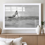 69798068-MGC-FP-36x24_White-Black White Surfing Wall Art Canvas Print, Framed Ocean Horizon Art Picture Print, Surfer Girl Perfect Coastal Adventure Decor