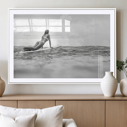 69798068-MGC-FP-36x24_White-Black White Surfing Wall Art Canvas Print, Framed Ocean Horizon Art Picture Print, Surfer Girl Perfect Coastal Adventure Decor