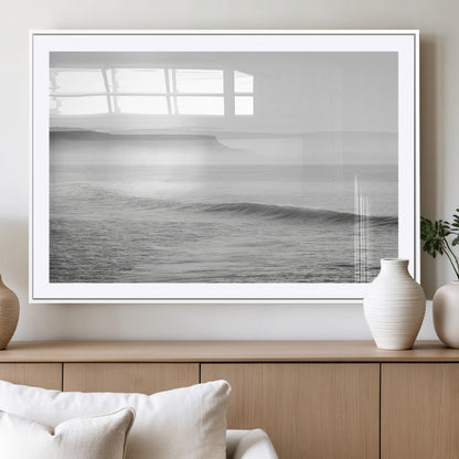 60635783-MGC-FP-36x24_White-Black White Seascape Wall Art Canvas Print, Framed Ocean Waves Art Picture Print, Misty Coastal Perfect Minimalist Coastal Decor
