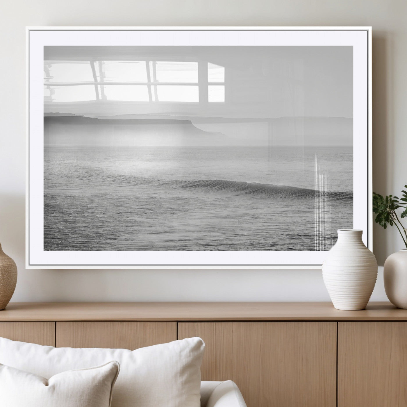 60635783-MGV-CV-36X24-Black White Seascape Wall Art Canvas Print, Framed Ocean Waves Art Picture Print, Misty Coastal Perfect Minimalist Coastal Decor