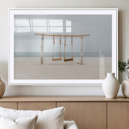 68327283-MGC-FP-36x24_White-Beach Swing Wall Art Canvas Print, Framed Quiet Beach Art Picture Print, Calm Shoreline Perfect Bohemian Coastal Decor Artwork