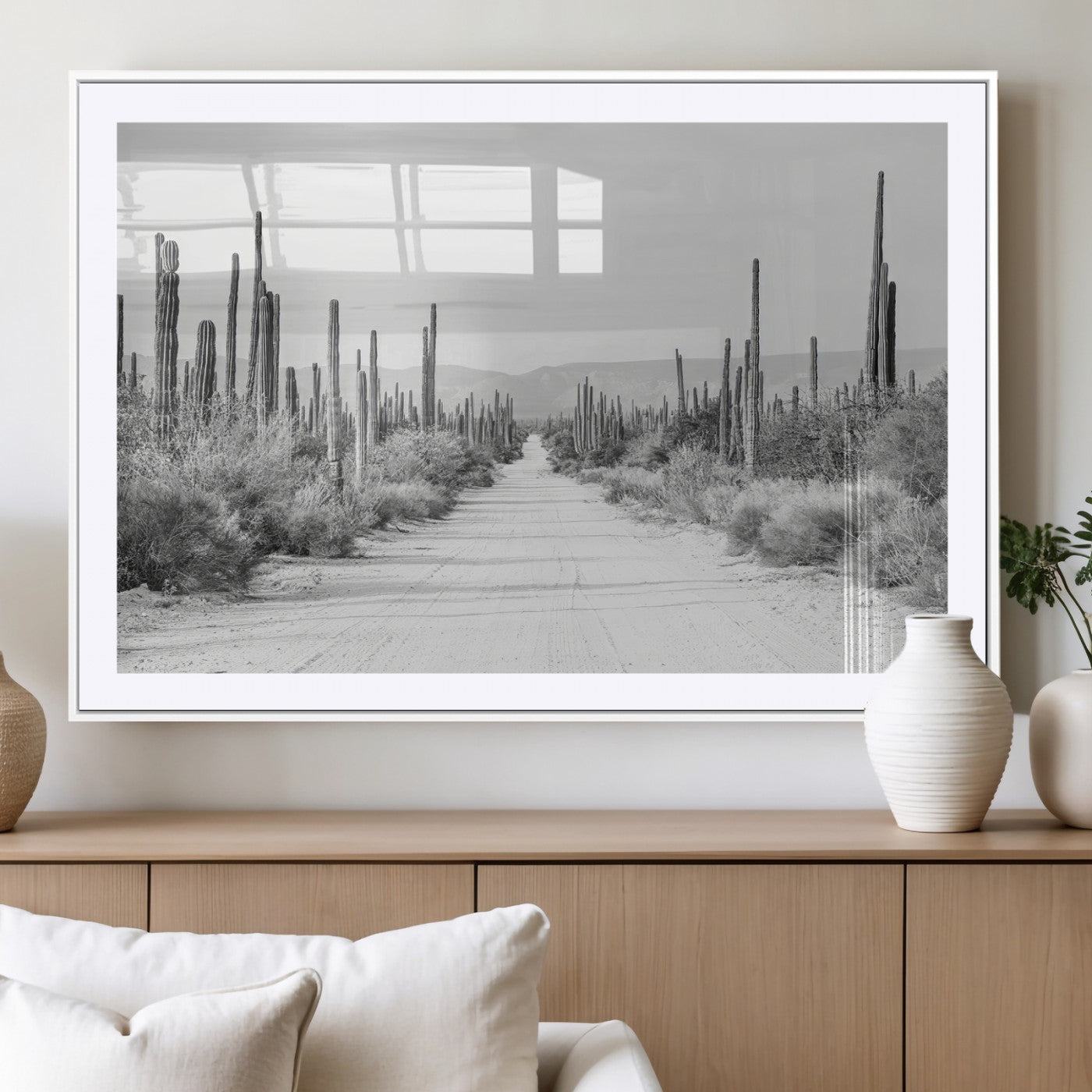 35537313-MGV-CV-36X24-Monochrome Desert Wall Art Canvas Print, Framed Cactus Path Art Picture Print, Southwestern Landscape Perfect Southwestern
