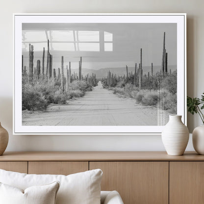 35537313-MGV-CV-36X24-Monochrome Desert Wall Art Canvas Print, Framed Cactus Path Art Picture Print, Southwestern Landscape Perfect Southwestern