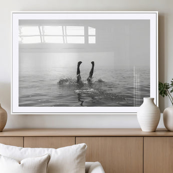 26667396-MGC-FP-36x24_White-Black White Ocean Wall Art Canvas Print, Framed Monochrome Water Art Picture Print, Diving into Water Perfect Minimalist Aquatic