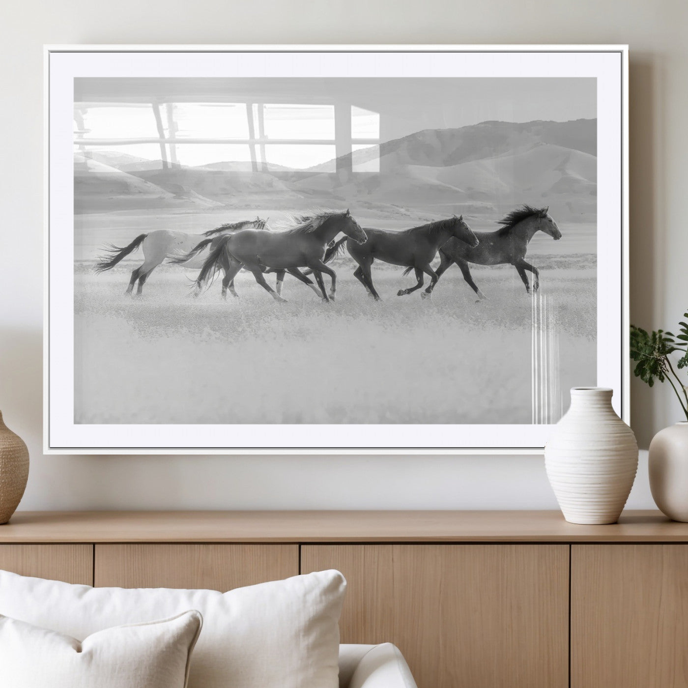 69934913-MGV-CV-36X24-Wild Horses Running Wall Art Canvas Print, Framed Black White Mustangs Art Picture Print, Rustic Western Perfect Rustic Western