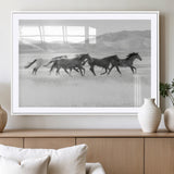 69934913-MGV-CV-36X24-Wild Horses Running Wall Art Canvas Print, Framed Black White Mustangs Art Picture Print, Rustic Western Perfect Rustic Western