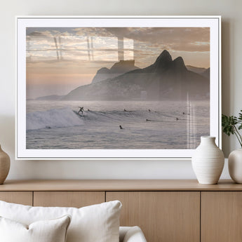 70644906-MGV-CV-36X24-Sunset Surfing Wall Art Canvas Print, Framed Misty Mountains Art Picture Print, Surfer Riding Wave Perfect Coastal Adventure Decor