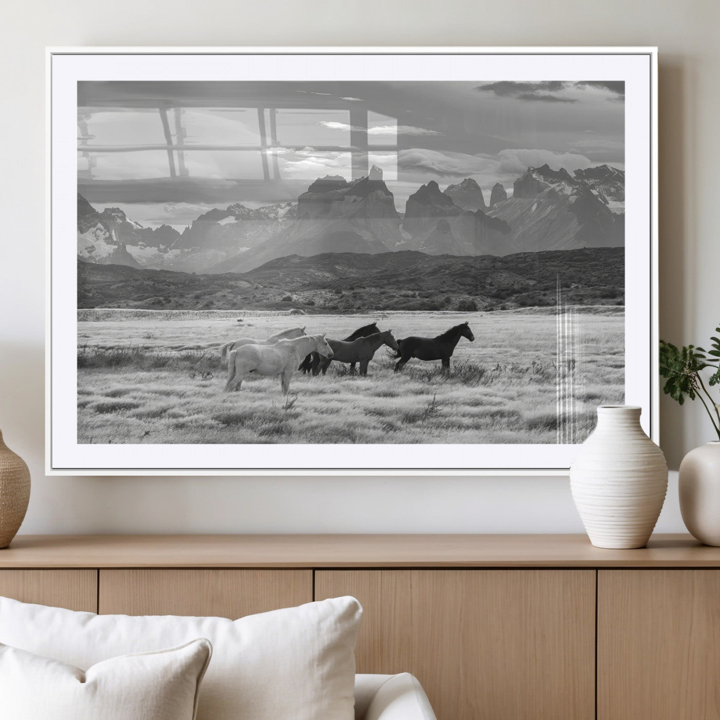 21655040-MGV-CV-36X24-Wild Horses Wall Art Canvas Print, Framed Black White Mountains Art Picture Print, Rustic Countryside Perfect Rustic Western Decor