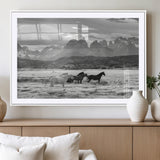 21655040-MGV-CV-36X24-Wild Horses Wall Art Canvas Print, Framed Black White Mountains Art Picture Print, Rustic Countryside Perfect Rustic Western Decor