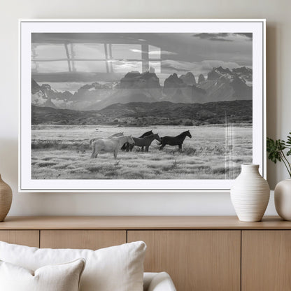 21655040-MGV-CV-36X24-Wild Horses Wall Art Canvas Print, Framed Black White Mountains Art Picture Print, Rustic Countryside Perfect Rustic Western Decor