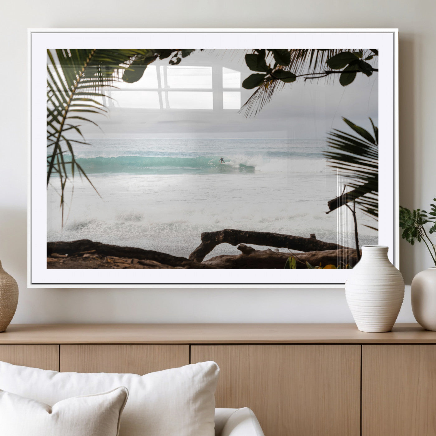 50382104-MGC-FP-36x24_White-Tropical Surf Wall Art Canvas Print, Framed Palm Tree View Art Picture Print, Beach House Art Perfect Boho Coastal Decor Artwork