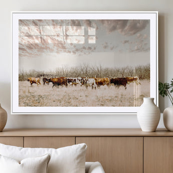 64892775-MGV-CV-36X24-Longhorn Cattle Wall Art Canvas Print, Framed Texas Ranch Art Picture Print, Western Cow Perfect Western Decor Artwork