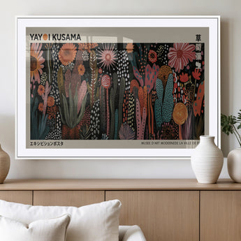 28344895-MGV-CV-36X24-Dark Floral Abstract Wall Art Poster – Modern Botanical Canvas Print with Beige Border, Kusama Inspired Boho Flower Painting,