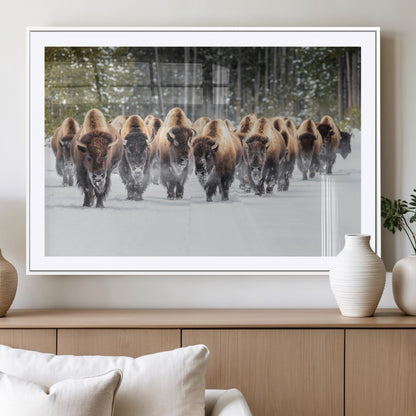 22695857-MGC-FP-36x24_White-Bison Herd Scene Wall Art Canvas Print, Framed Western Wildlife Art Picture Print, Rustic Animal Art Perfect Rustic Lodge Decor