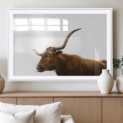 62566114-MGV-CV-36X24-Longhorn Cow Art Wall Art Canvas Print, Framed Rustic Animal Decor Art Picture Print, Texas Bull Photo Perfect Rustic Farmhouse