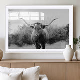97280319-MGC-FP-36x24_White-Longhorn Photography Wall Art Canvas Print, Framed Western Cow Decor Art Picture Print, Texas Ranch Style Perfect Rustic Farmhouse