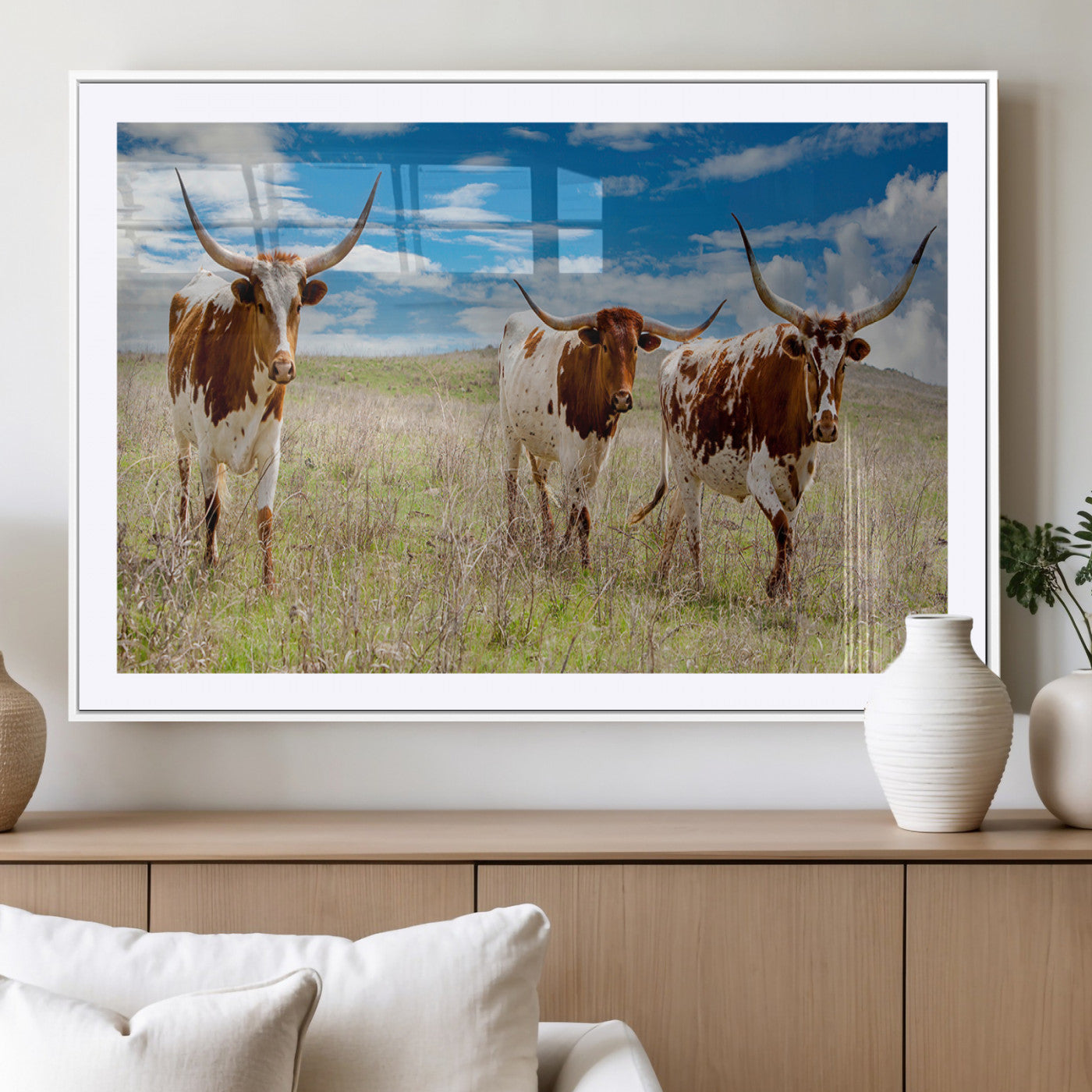 58099948-MGC-FP-36x24_White-Texas Longhorn Wall Art Canvas Print, Framed Western Decor Art Picture Print, Rustic Farmhouse Perfect Western Farmhouse Decor