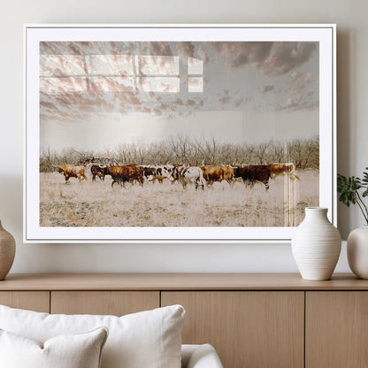 57389417-MGV-CV-36X24-Cow Herd Photography Wall Art Canvas Print, Framed Rustic Farmhouse Decor Art Picture Print, Western Ranch Style Perfect Rustic