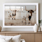 39672786-MGC-FP-36x24_White-Rustic Cow Scene Wall Art Canvas Print, Framed Farmhouse Style Cattle Art Picture Print, Prairie Animal Duo Perfect Rustic Western