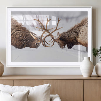 36507609-MGV-CV-36X24-Elk Clash Scene Wall Art Canvas Print, Framed Wildlife Strength Decor Art Picture Print, Snowy Forest Elk Perfect Rustic Lodge