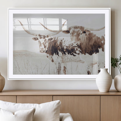 48161868-MGC-FP-36x24_White-Longhorn Cow Decor Wall Art Canvas Print, Framed Rustic Cattle Art Picture Print, Sepia Western Vibe Perfect Neutral Rustic