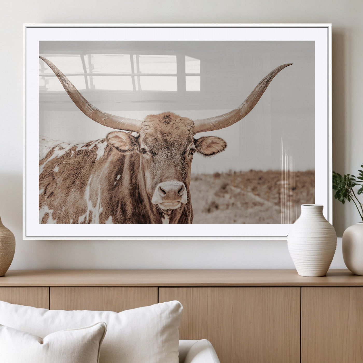 77810049-MGV-CV-36X24-Longhorn Bull Photo Wall Art Canvas Print, Framed Rustic Cow Decor Art Picture Print, Neutral Farmhouse Style Perfect Rustic