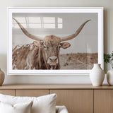 77810049-MGV-CV-36X24-Longhorn Bull Photo Wall Art Canvas Print, Framed Rustic Cow Decor Art Picture Print, Neutral Farmhouse Style Perfect Rustic