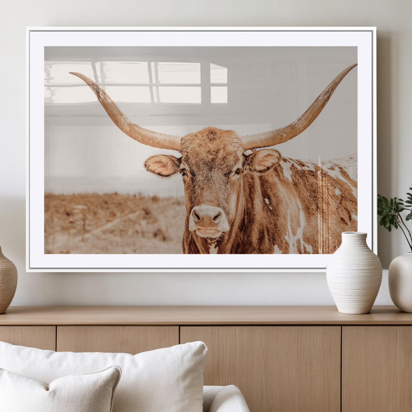 74406977-MGV-CV-36X24-Longhorn Bull Decor Wall Art Canvas Print, Framed Western Cow Theme Art Picture Print, Rustic Farmhouse Wall Perfect Neutral