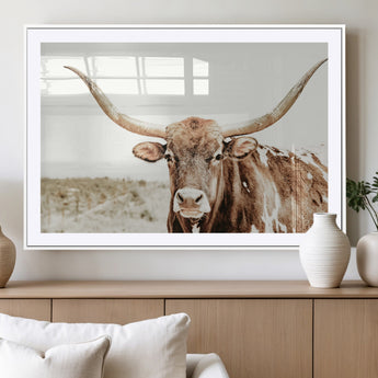 98924580-MGV-CV-36X24-Texas Longhorn Bull Wall Art Canvas Print, Framed Rustic Farmhouse Decor Art Picture Print, Western Animal Theme Perfect Rustic
