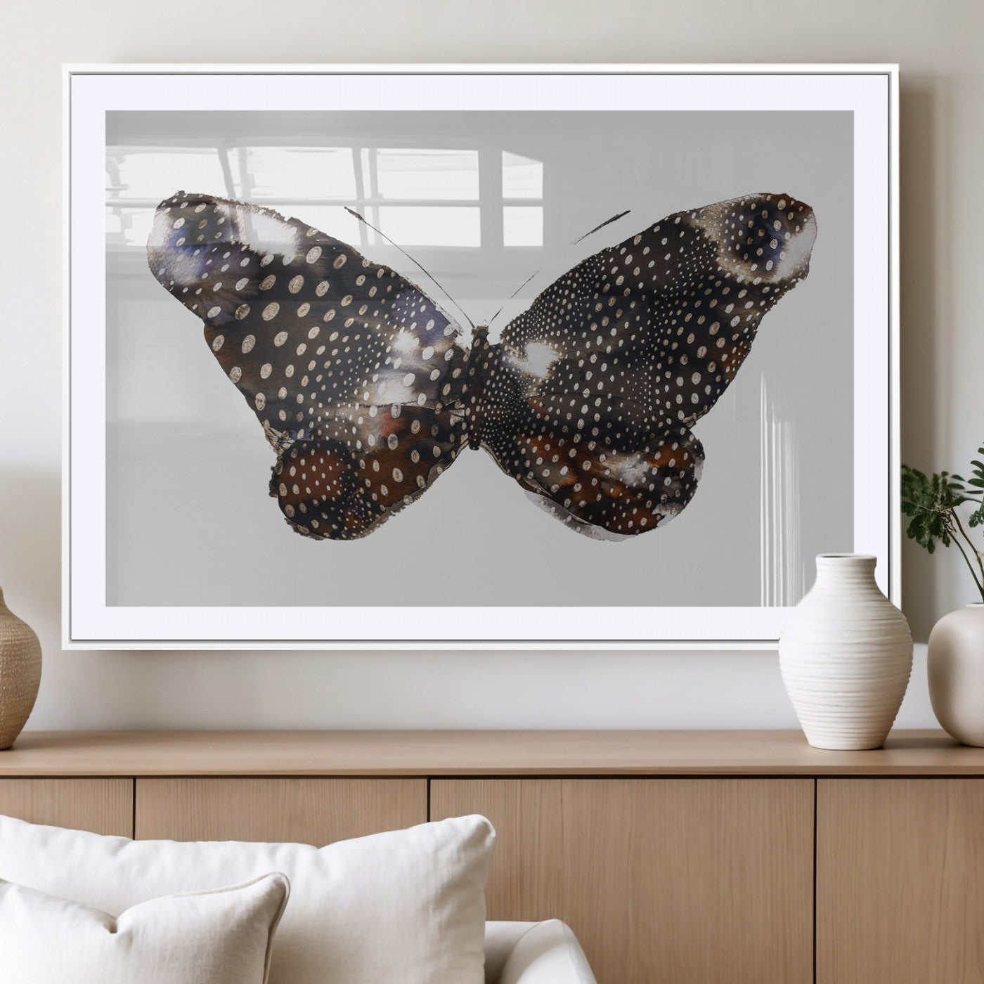 99831147-MGC-FP-36x24_White-Spotted Butterfly Wall Art Canvas Print, Framed Neutral Insect Theme Art Picture Print, Earthy Wing Pattern Perfect Modern Rustic