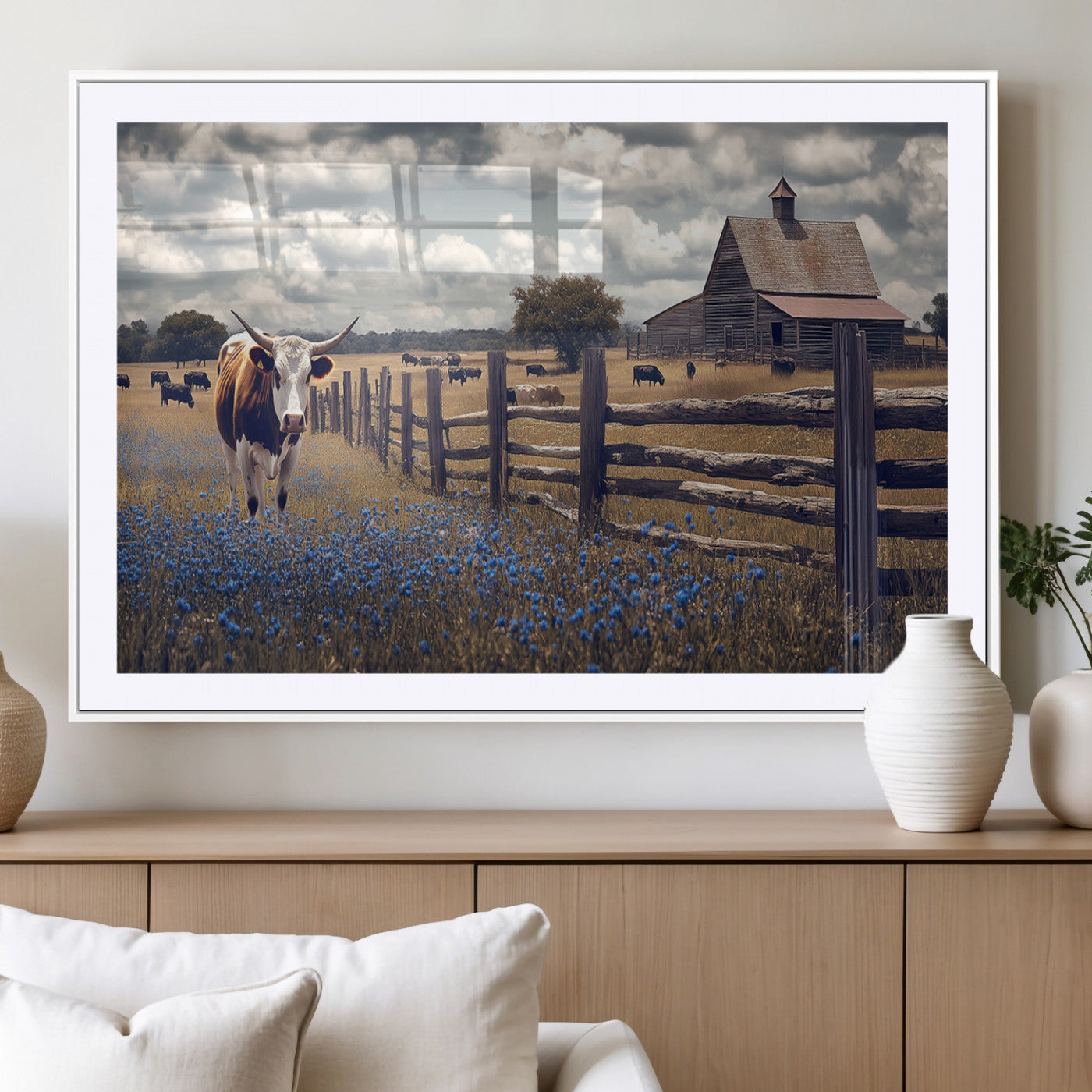 22296025-MGC-FP-36x24_White-Texas Longhorn Canvas Wall Art Canvas Print, Framed Rustic Barn Wall Art Art Picture Print, Farmhouse Cow Decor Perfect Rustic