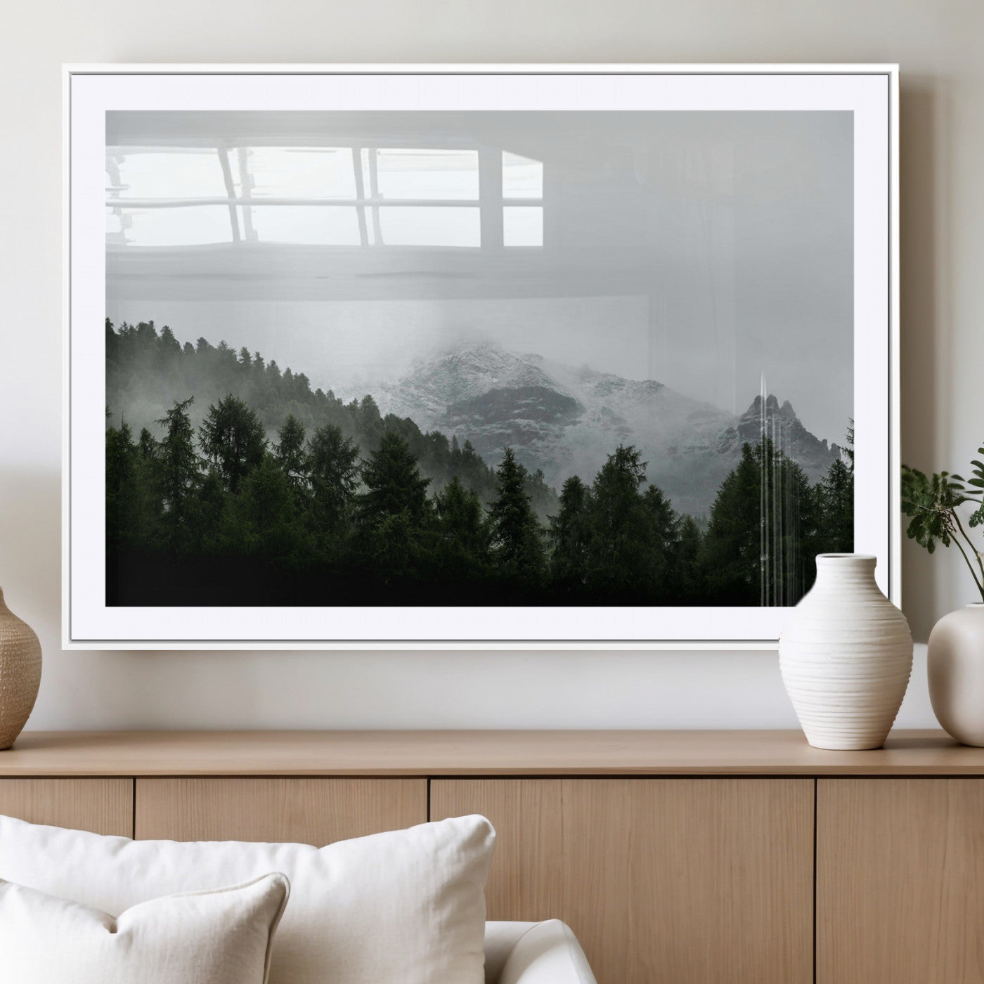 55968349-MGV-CV-36X24-Misty Mountains Wall Art Canvas Print, Framed Foggy Forest Art Picture Print, Snowy Peaks Perfect Moody Wilderness Decor Artwork